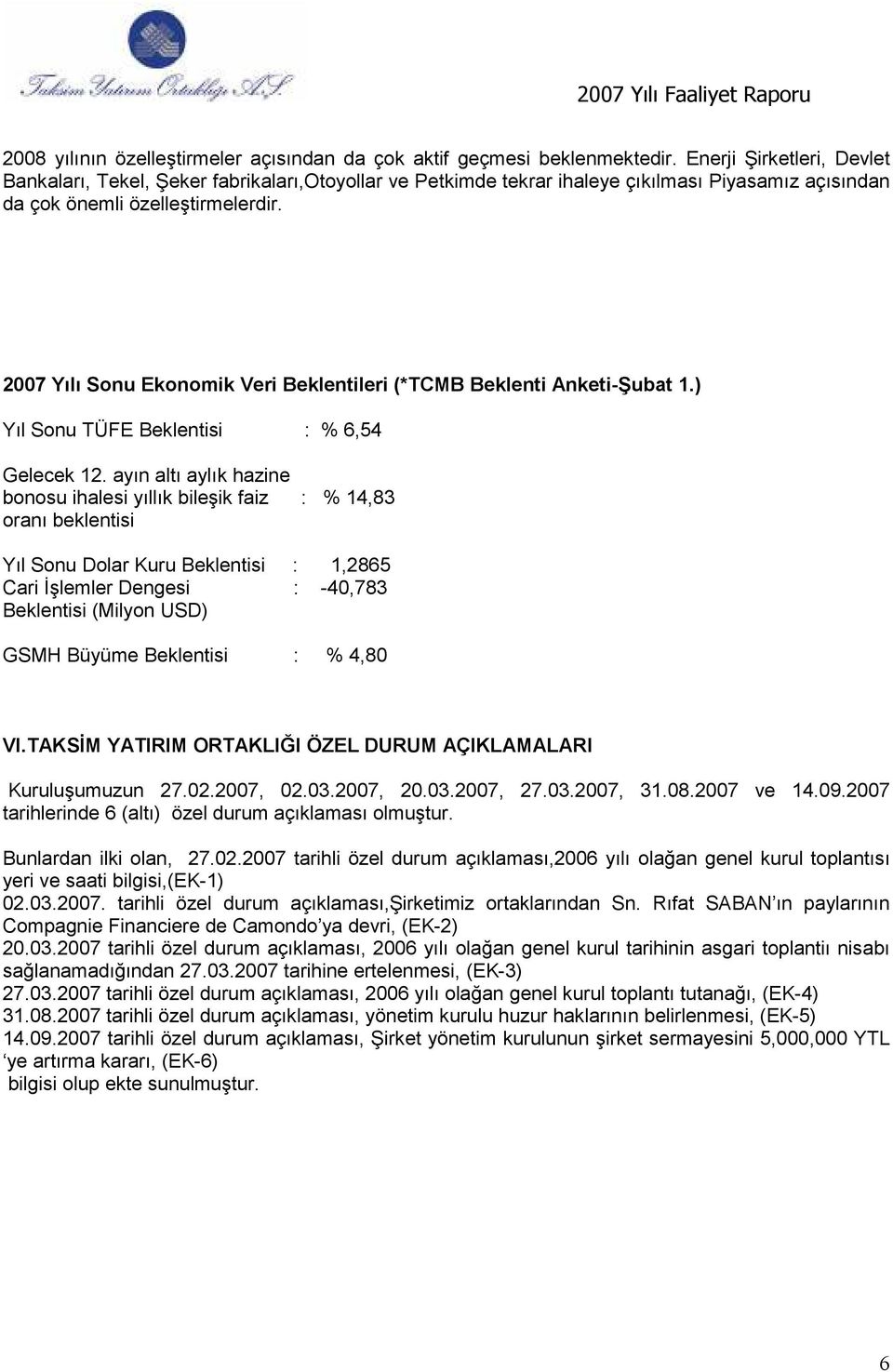 2007 Yılı Sonu Ekonomik Veri Beklentileri (*TCMB Beklenti Anketi-Şubat 1.) Yıl Sonu TÜFE Beklentisi : % 6,54 Gelecek 12.