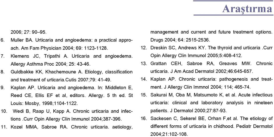 Allergy. 5 th ed. St Louis: Mosby, 1998;1104-1122. 10. Wedi B, Raap U, Kapp A. Chronic urticaria and infections.curr Opin Allergy Clin Immunol 2004;387-396. 11. Kozel MMA, Sabroe RA.