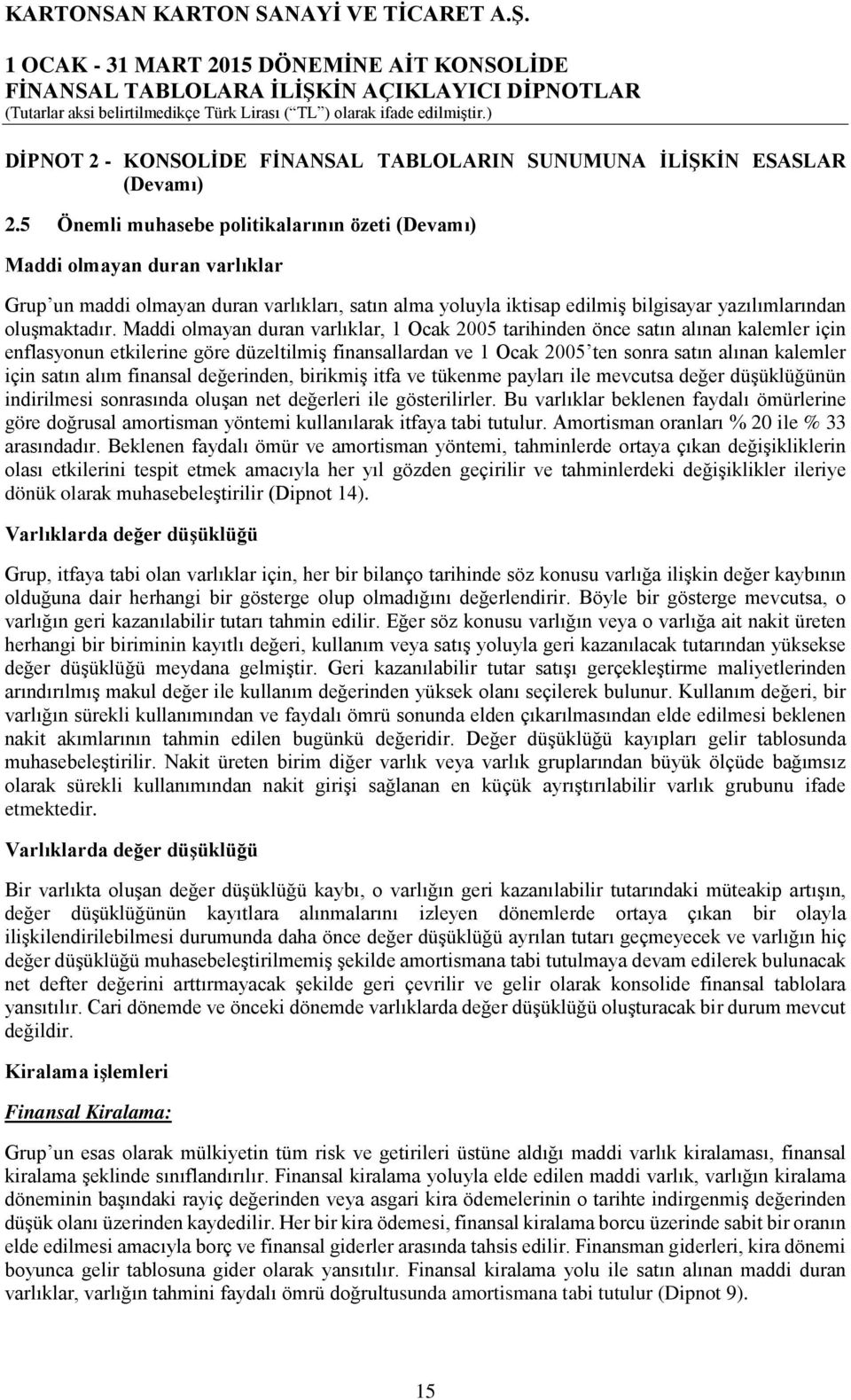 Maddi olmayan duran varlıklar, 1 Ocak 2005 tarihinden önce satın alınan kalemler için enflasyonun etkilerine göre düzeltilmiş finansallardan ve 1 Ocak 2005 ten sonra satın alınan kalemler için satın