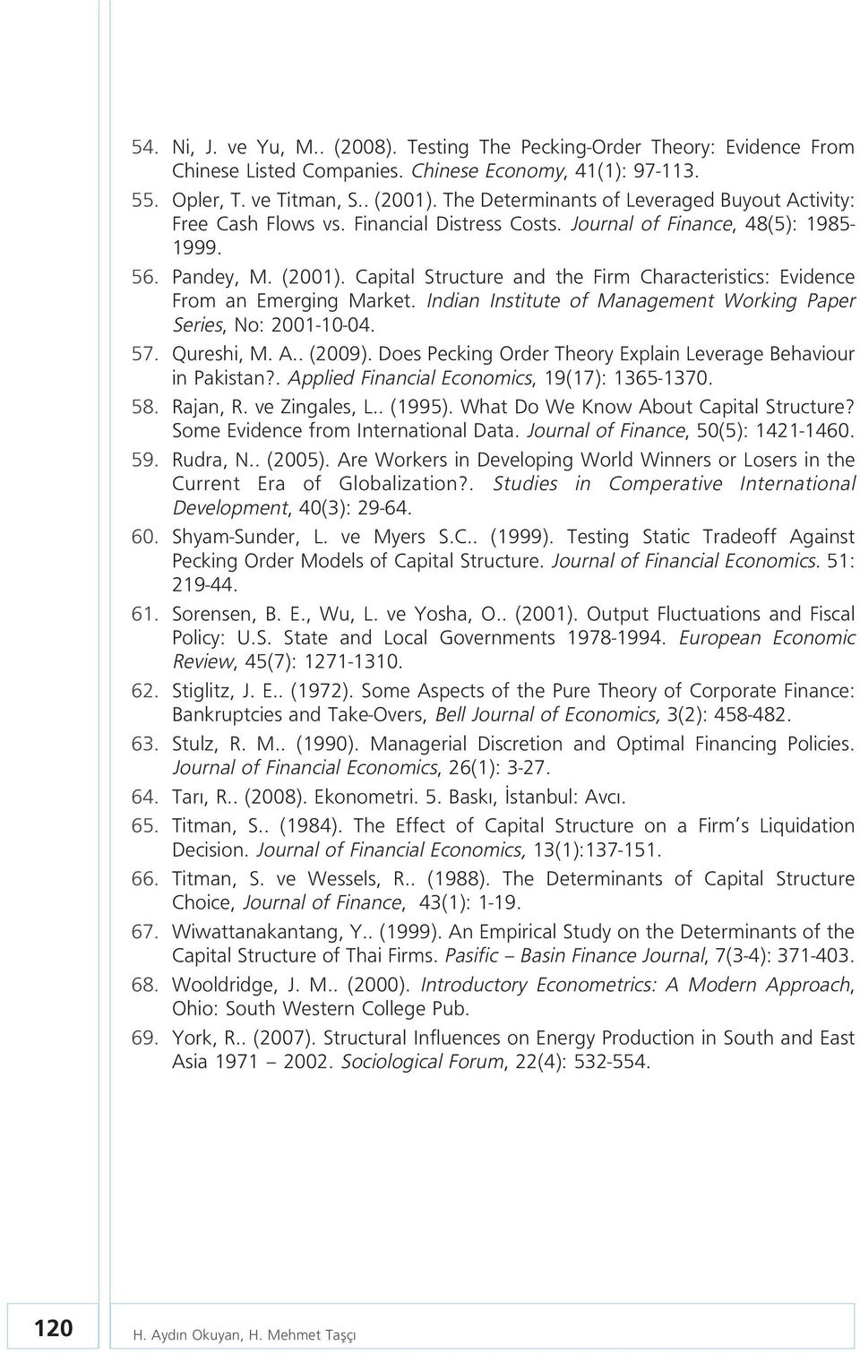 Capital Structure and the Firm Characteristics: Evidence From an Emerging Market. Indian Institute of Management Working Paper Series, No: 2001-10-04. 57. Qureshi, M. A.. (2009).