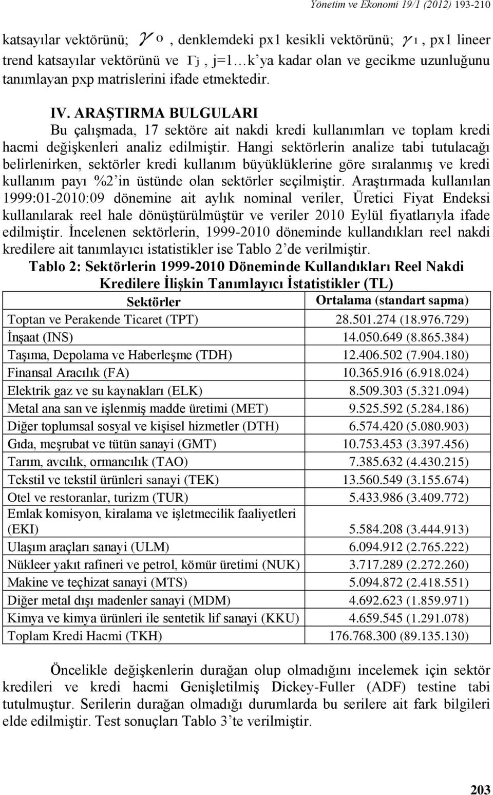 Hangi sektörlerin analize tabi tutulacağı belirlenirken, sektörler kredi kullanım büyüklüklerine göre sıralanmış ve kredi kullanım payı %2 in üstünde olan sektörler seçilmiştir.