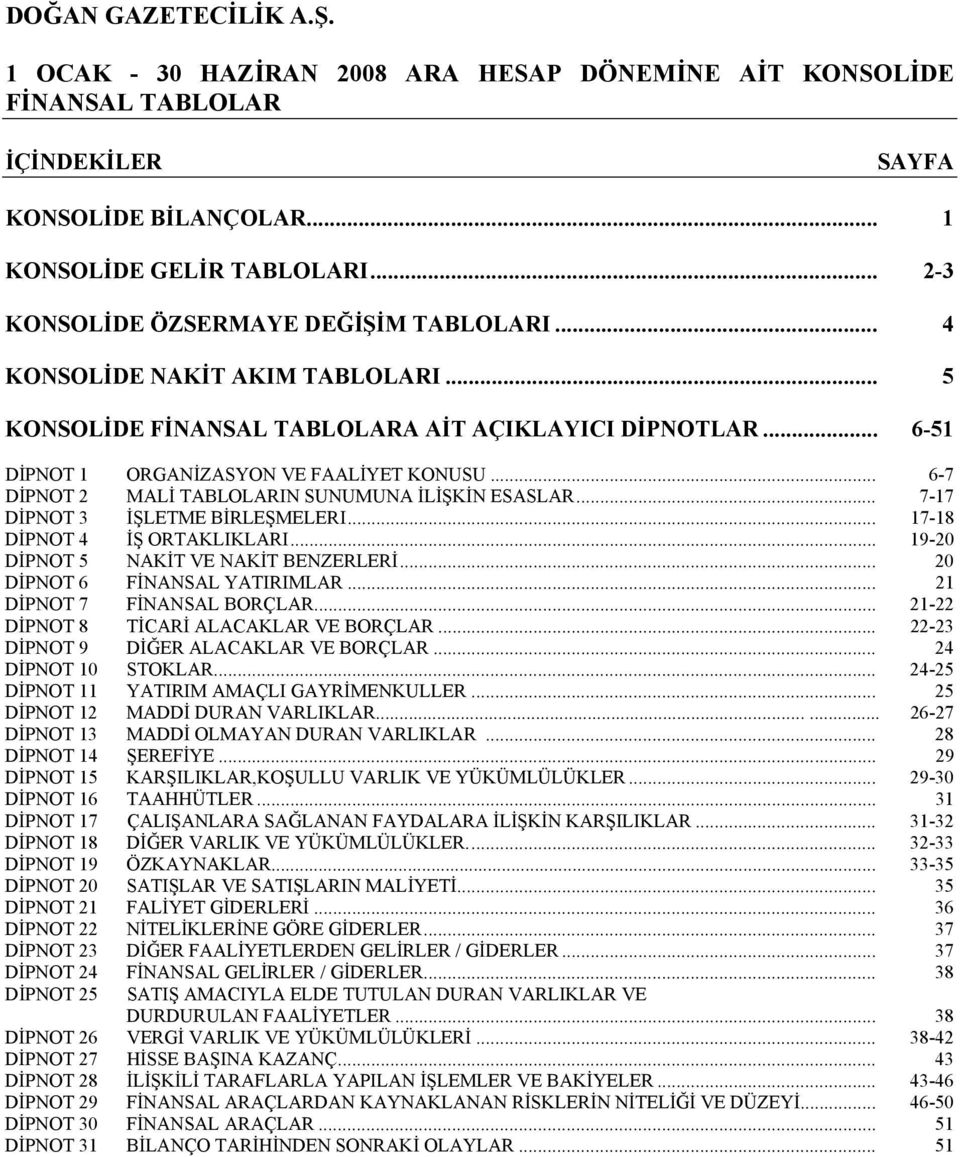 .. 7-17 DİPNOT 3 İŞLETME BİRLEŞMELERI... 17-18 DİPNOT 4 İŞ ORTAKLIKLARI... 19-20 DİPNOT 5 NAKİT VE NAKİT BENZERLERİ... 20 DİPNOT 6 FİNANSAL YATIRIMLAR... 21 DİPNOT 7 FİNANSAL BORÇLAR.