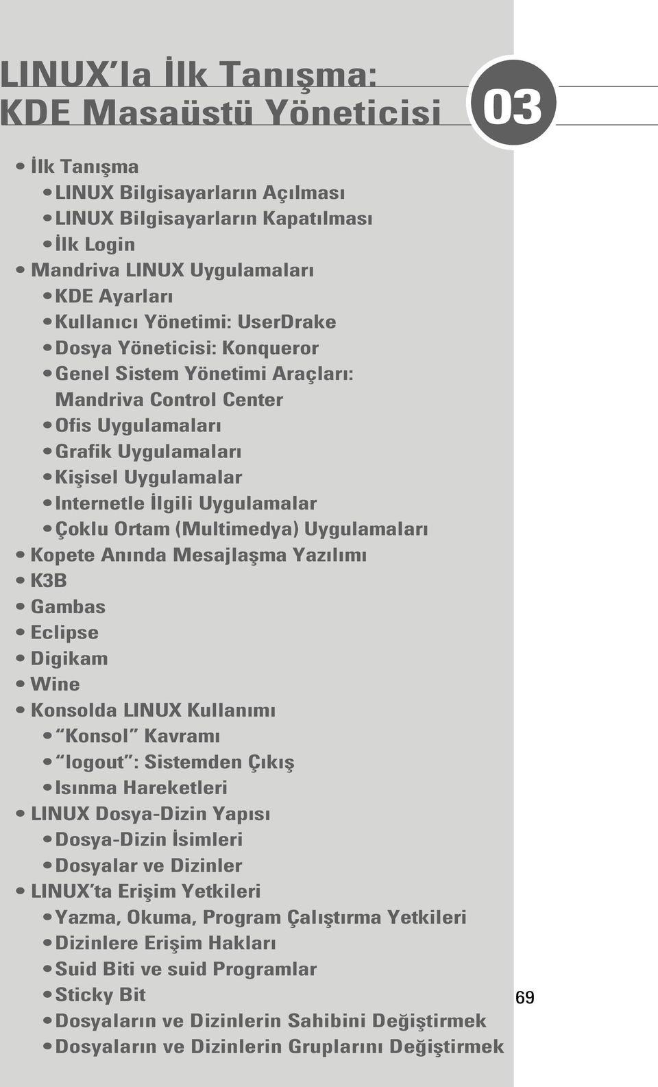 (Multimedya) Uygulamalar Kopete An nda Mesajlaflma Yaz l m K3B Gambas Eclipse Digikam Wine Konsolda LINUX Kullan m Konsol Kavram logout : Sistemden Ç k fl Is nma Hareketleri LINUX Dosya-Dizin Yap s