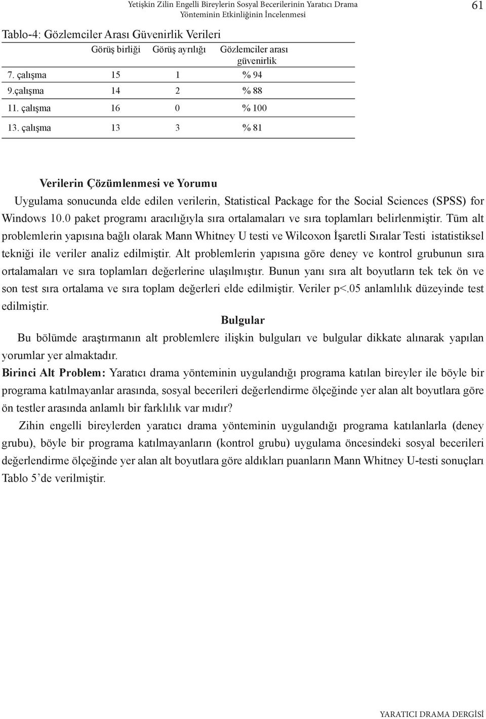 çalışma 13 3 % 81 Verilerin Çözümlenmesi ve Yorumu Uygulama sonucunda elde edilen verilerin, Statistical Package for the Social Sciences (SPSS) for Windows 10.