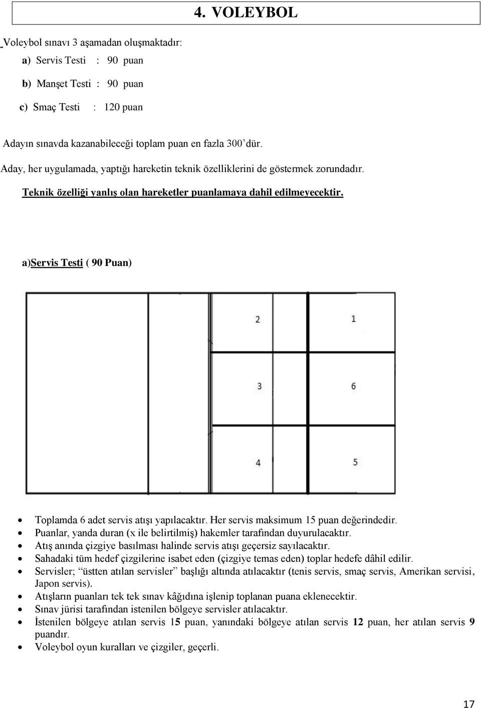 a)servis Testi ( 90 Puan) Toplamda 6 adet servis atışı yapılacaktır. Her servis maksimum 15 puan değerindedir. Puanlar, yanda duran (x ile belirtilmiş) hakemler tarafından duyurulacaktır.