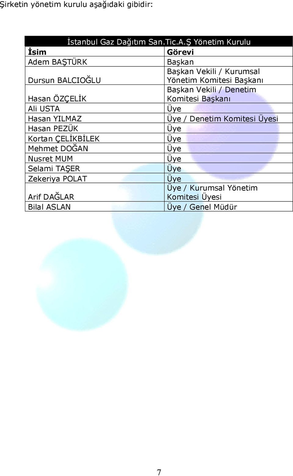 Başkan Vekili / Denetim Hasan ÖZÇELİK Komitesi Başkanı Ali USTA Üye Hasan YILMAZ Üye / Denetim Komitesi Üyesi Hasan PEZÜK