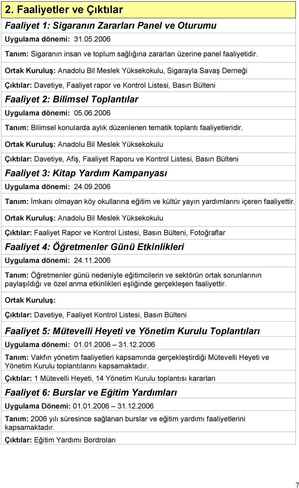 2006 Tanım: Bilimsel konularda aylık düzenlenen tematik toplantı faaliyetleridir.