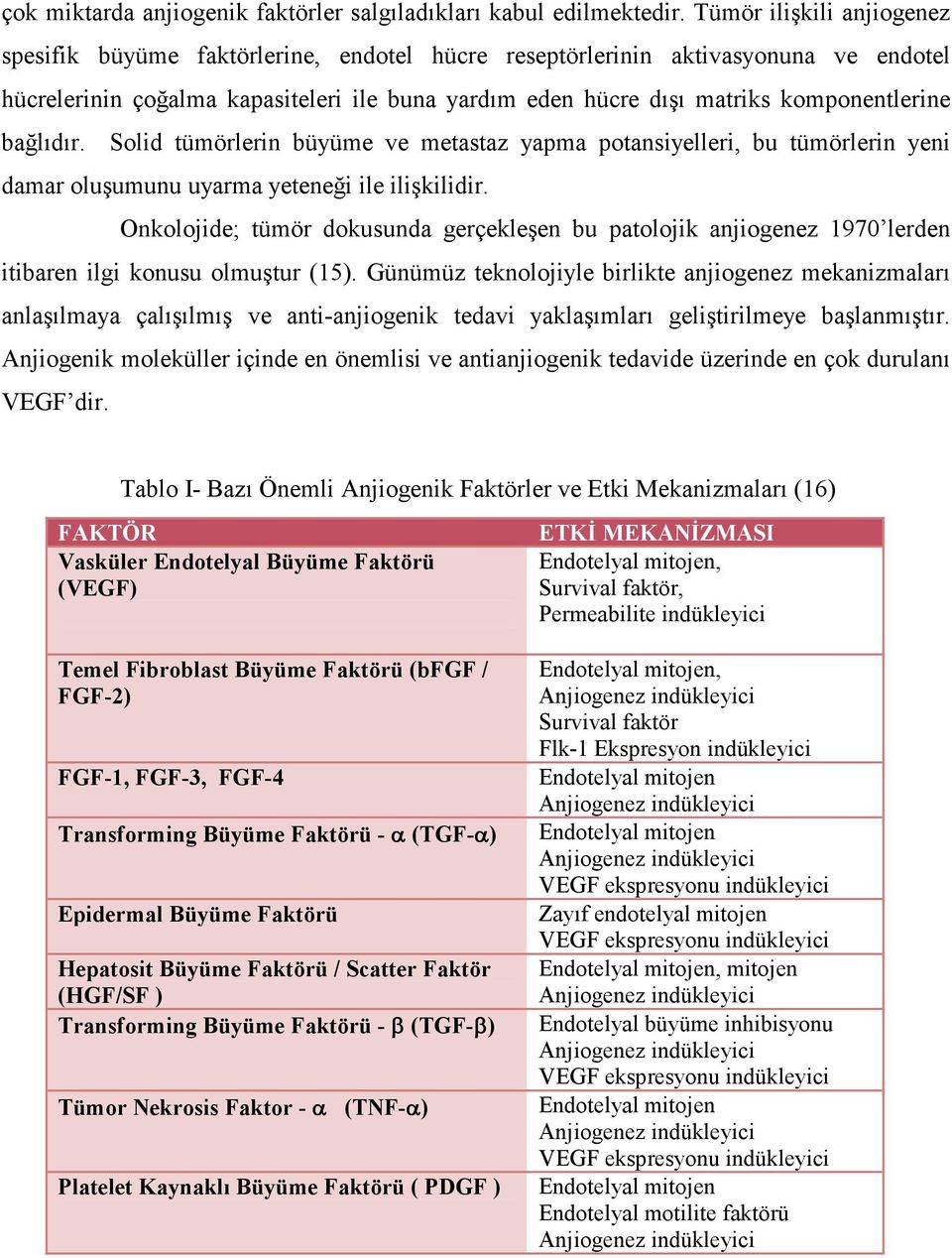 komponentlerine bağlıdır. Solid tümörlerin büyüme ve metastaz yapma potansiyelleri, bu tümörlerin yeni damar oluşumunu uyarma yeteneği ile ilişkilidir.