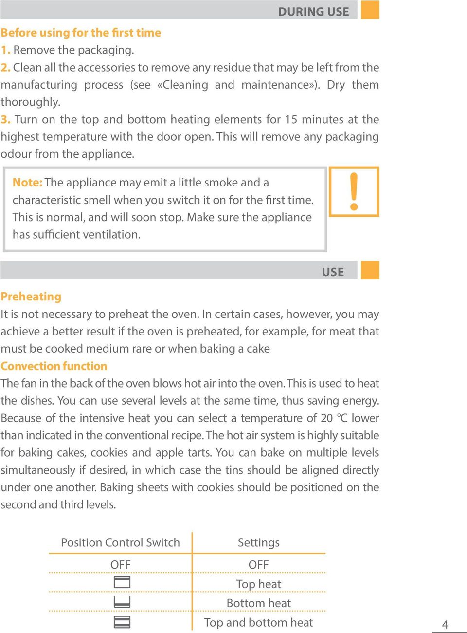 Note: The appliance may emit a little smoke and a characteristic smell when you switch it on for the first time. This is normal, and will soon stop. Make sure the appliance has sufficient ventilation.