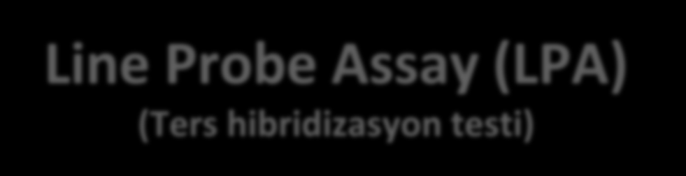 Line Probe Assay (LPA) (Ters hibridizasyon testi) Direkt örnekten veya izolattan MTBC ve ikinci sıra ilaç direnci tanısı Hızlı, kolay uygulanabilir GenoType MTBDRsl (Hain