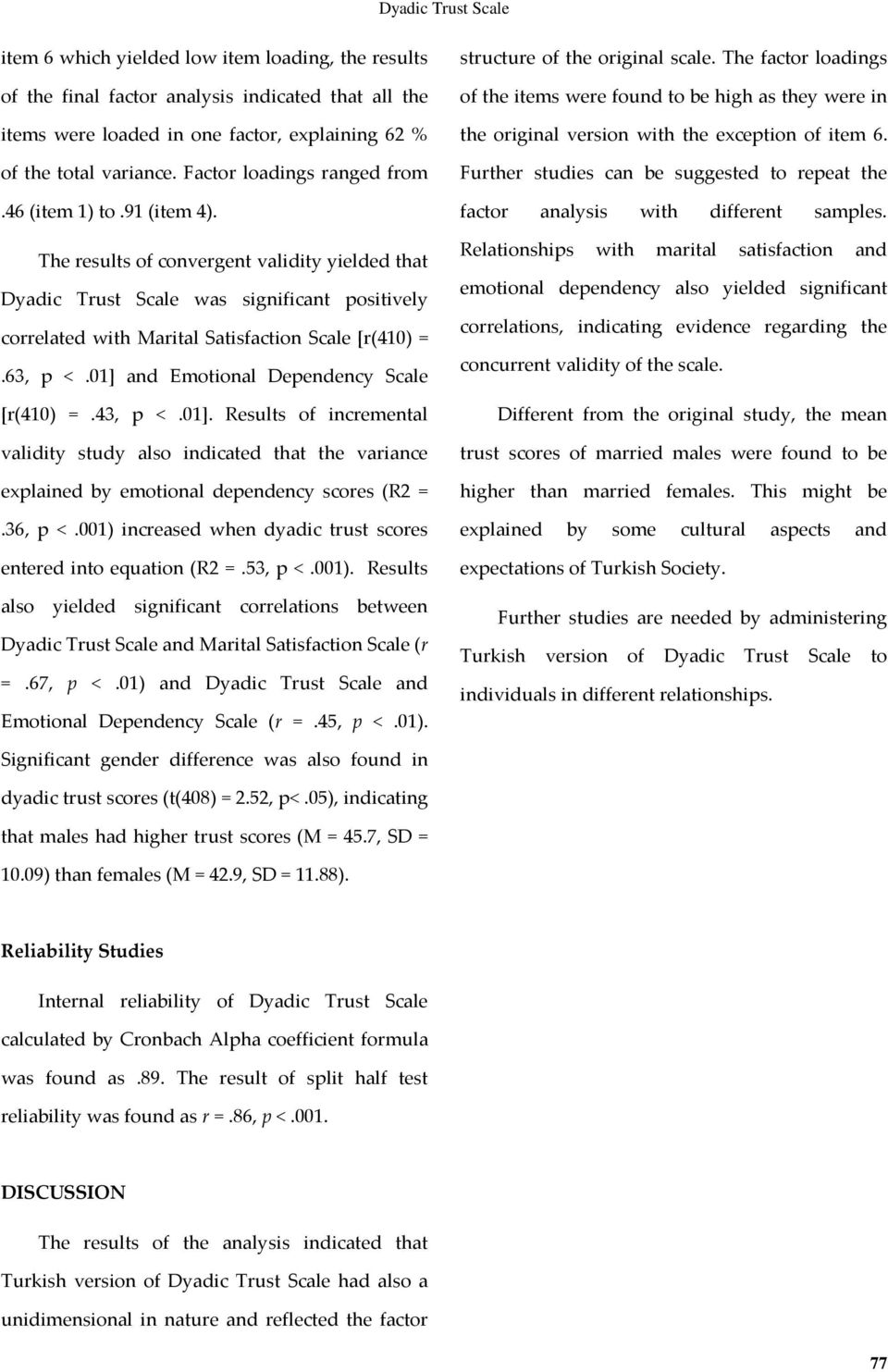 The results of convergent validity yielded that Dyadic Trust Scale was significant positively correlated with Marital Satisfaction Scale [r(410) =.63, p <.01] and Emotional Dependency Scale [r(410) =.