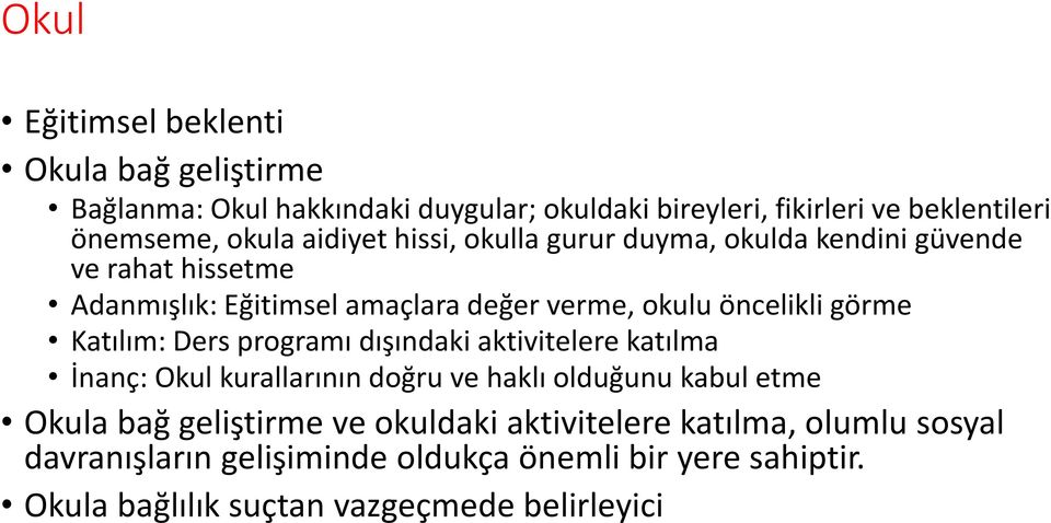 Katılım: Ders programı dışındaki aktivitelere katılma İnanç: Okul kurallarının doğru ve haklı olduğunu kabul etme Okula bağ geliştirme ve