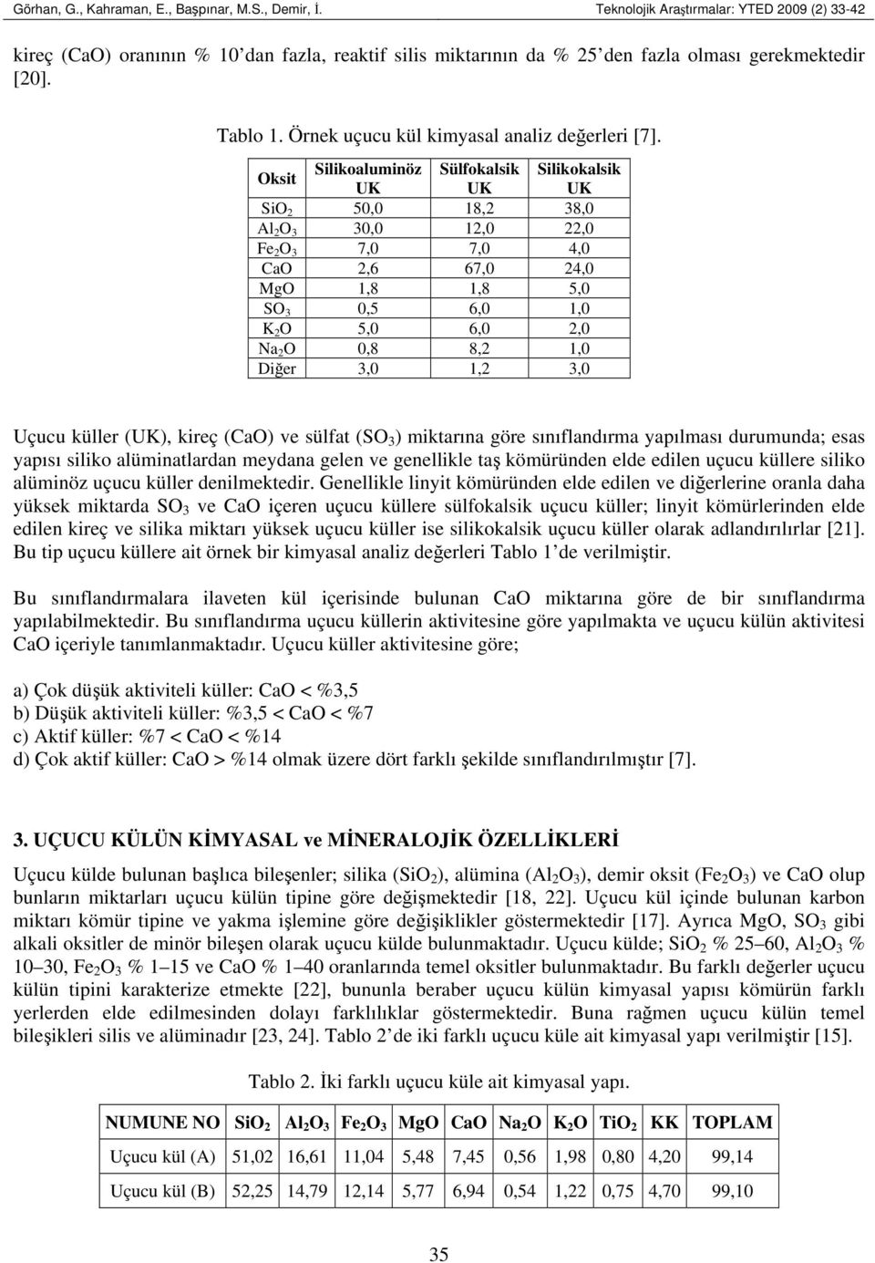 Örnek uçucu kül kimyasal analiz değerleri [7].