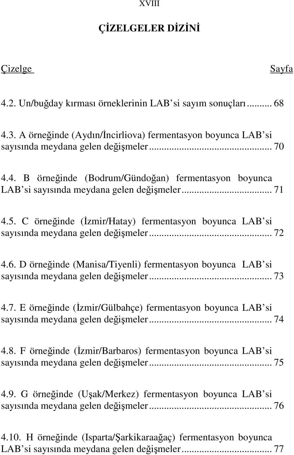 .. 71 4.5. C örneğinde (İzmir/Hatay) fermentasyon boyunca LAB si sayısında meydana gelen değişmeler... 72 4.6.