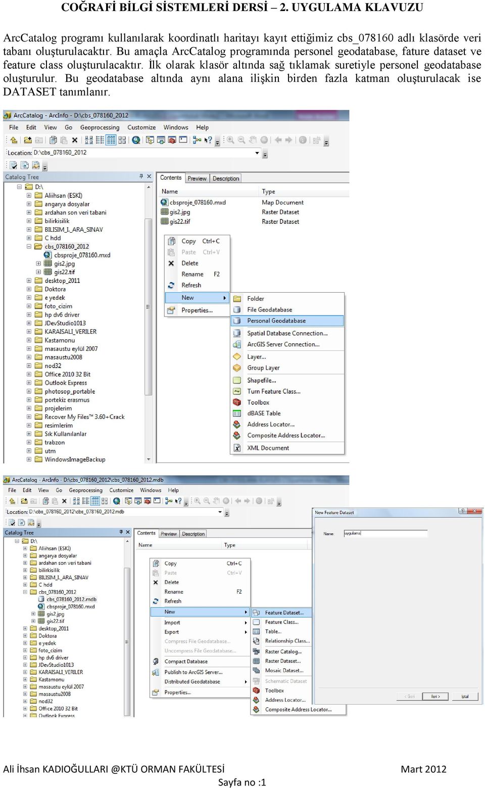 Bu amaçla ArcCatalog programında personel geodatabase, fature dataset ve feature class oluşturulacaktır.