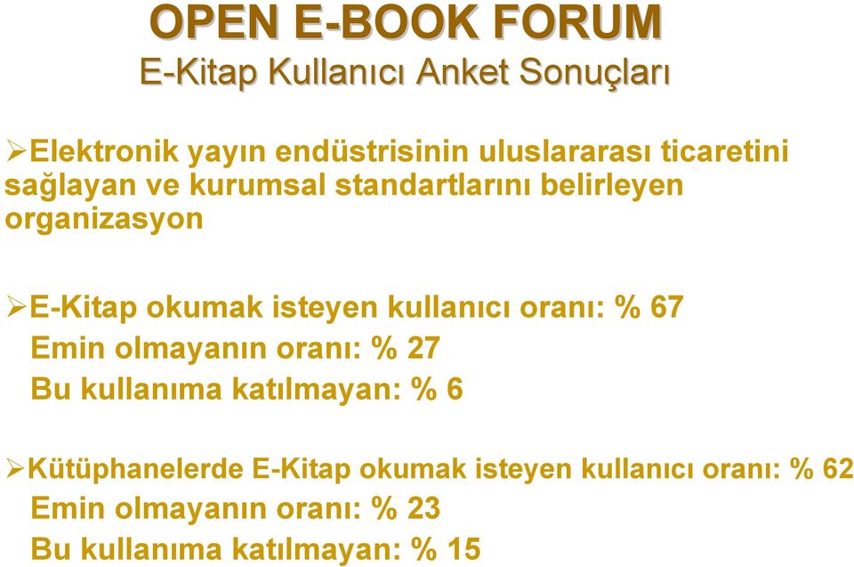 okumak isteyen kullanıcı oranı: % 67 Emin olmayanın oranı: % 27 Bu kullanıma katılmayan: % 6