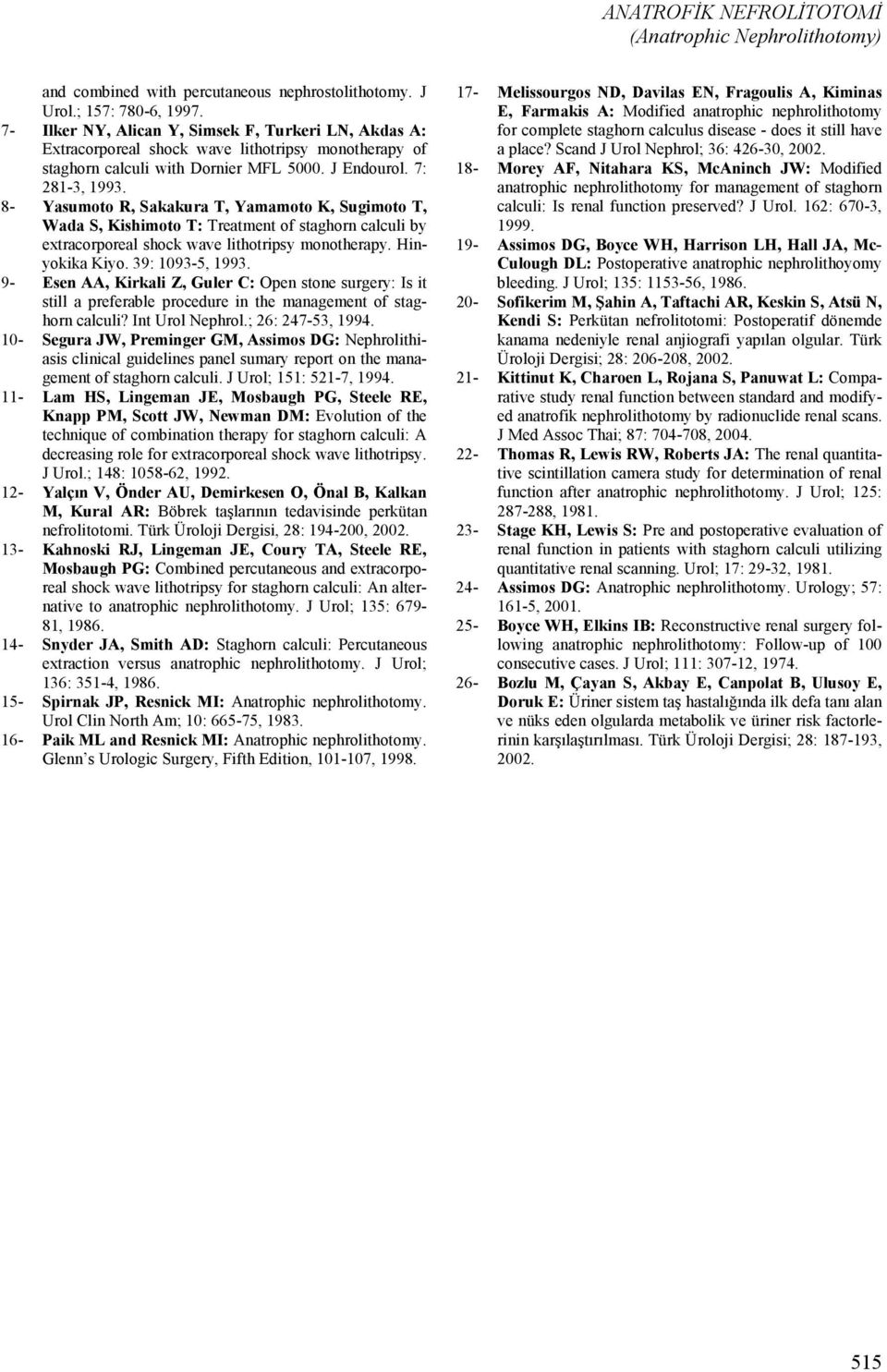 8- Yasumoto R, Sakakura T, Yamamoto K, Sugimoto T, Wada S, Kishimoto T: Treatment of staghorn calculi by extracorporeal shock wave lithotripsy monotherapy. Hinyokika Kiyo. 39: 1093-5, 1993.
