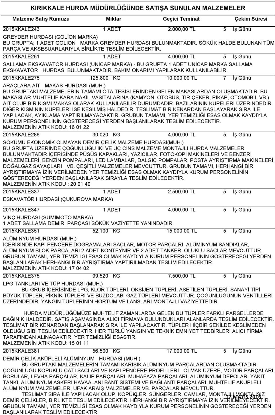 800 KG 7 İş Günü ARAÇLARA AİT MAKAS HURDASI (MUH.) BU GRUPTAKİ MALZEMELERİN TAMAMI ÖTA TESİSLERİNDEN GELEN MAKASLARDAN OLUŞMAKTADIR.