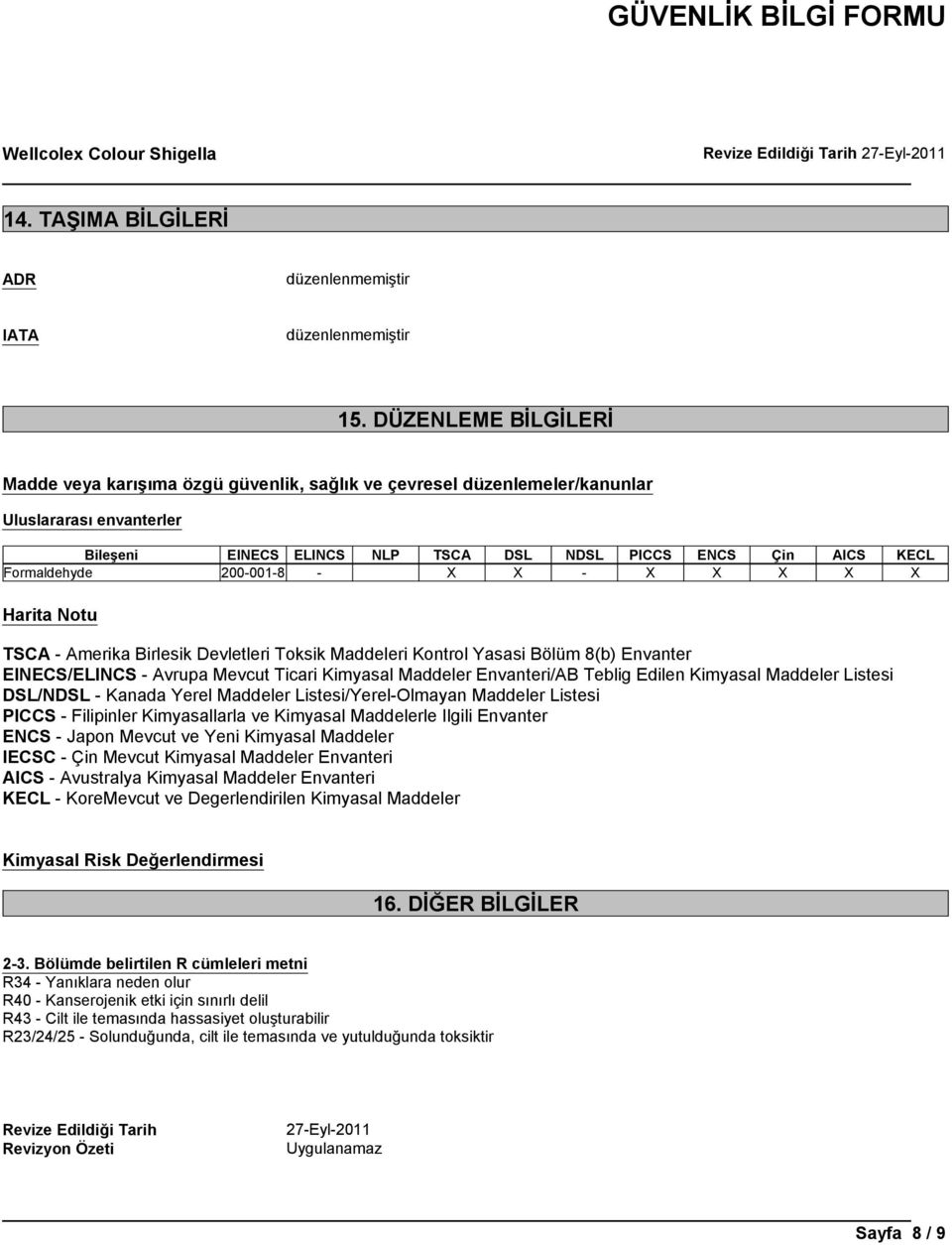 200-001-8 - X X - X X X X X Harita Notu TSCA - Amerika Birlesik Devletleri Toksik Maddeleri Kontrol Yasasi Bölüm 8(b) Envanter EINECS/ELINCS - Avrupa Mevcut Ticari Kimyasal Maddeler Envanteri/AB