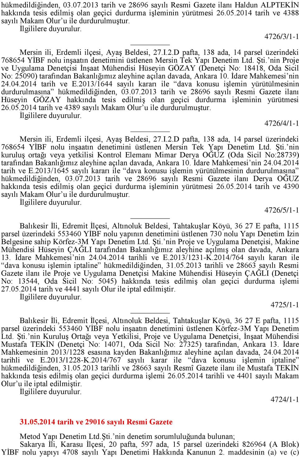 Şti. nin Proje ve Uygulama Denetçisi İnşaat Mühendisi Hüseyin GÖZAY (Denetçi No: 18418, Oda Sicil No: 25090) tarafından Bakanlığımız aleyhine açılan davada, Ankara 10. İdare Mahkemesi nin 24.04.