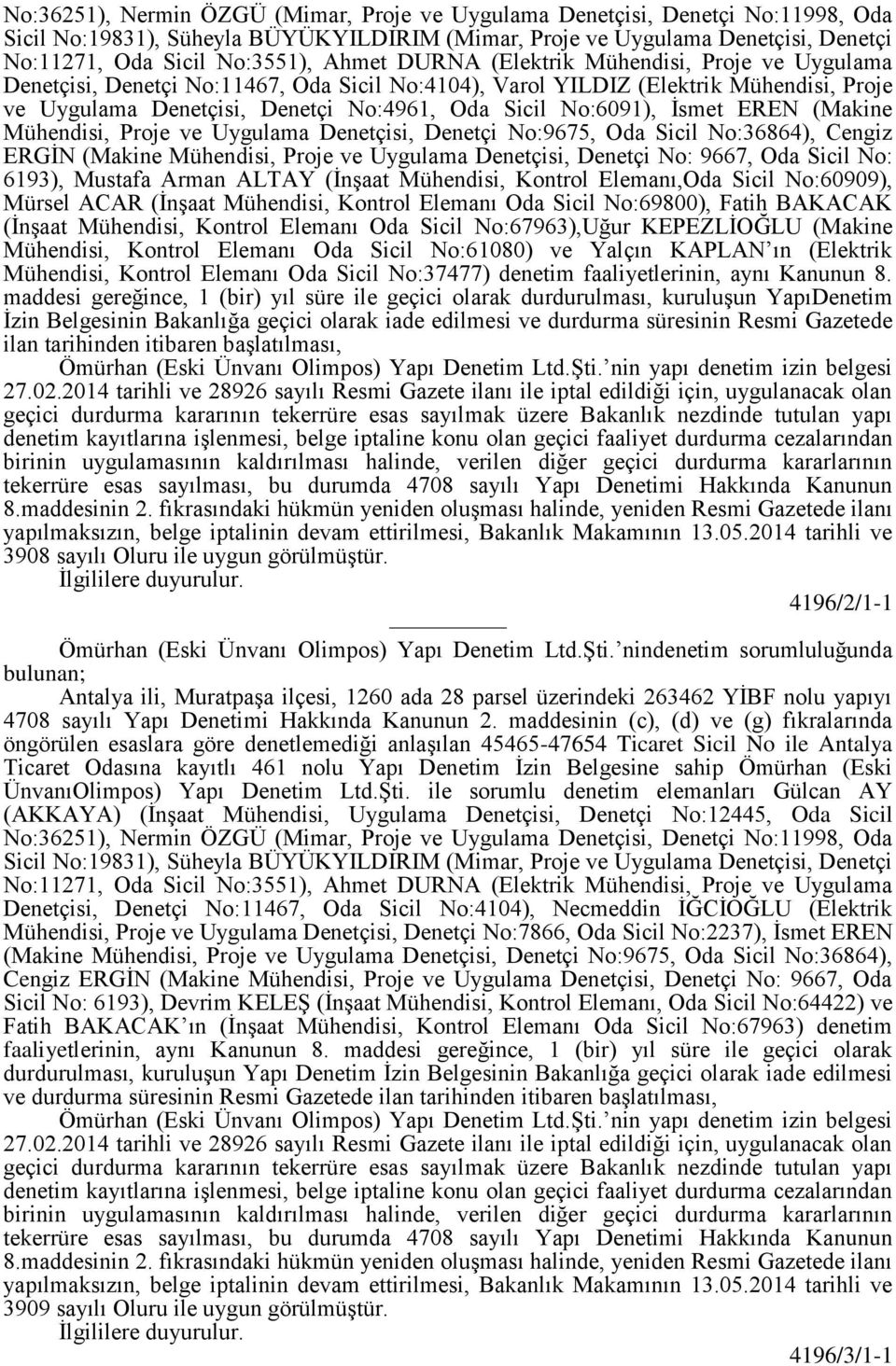 İsmet EREN (Makine Mühendisi, Proje ve Uygulama Denetçisi, Denetçi No:9675, Oda Sicil No:36864), Cengiz ERGİN (Makine Mühendisi, Proje ve Uygulama Denetçisi, Denetçi No: 9667, Oda Sicil No: 6193),