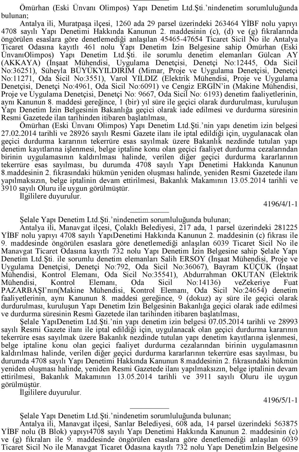 maddesinin (c), (d) ve (g) fıkralarında öngörülen esaslara göre denetlemediği anlaşılan 45465-47654 Ticaret Sicil No ile Antalya Ticaret Odasına kayıtlı 461 nolu Yapı Denetim İzin Belgesine sahip