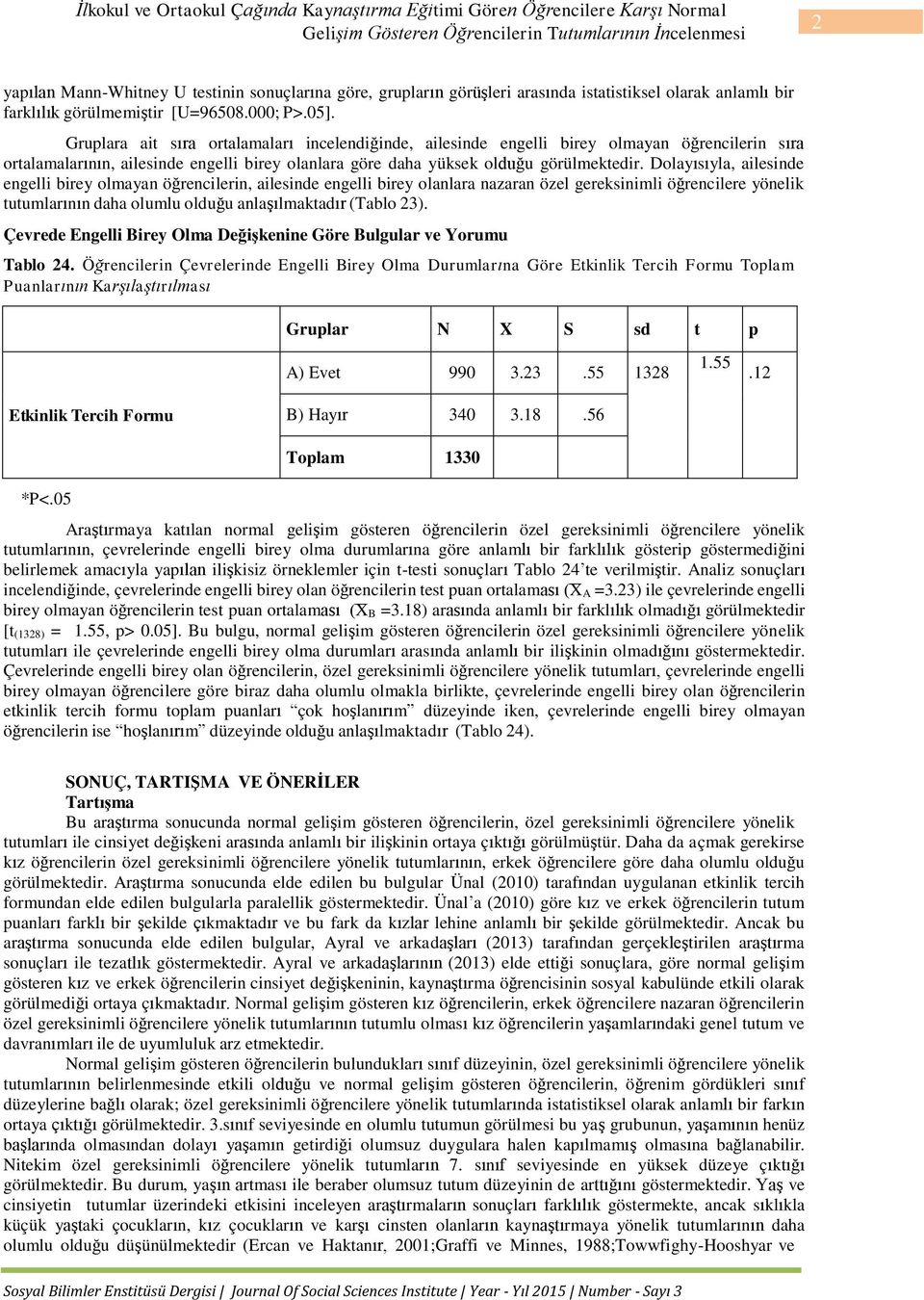 Gruplara ait sıra ortalamaları incelendiğinde, ailesinde engelli birey olmayan öğrencilerin sıra ortalamalarının, ailesinde engelli birey olanlara göre daha yüksek olduğu görülmektedir.