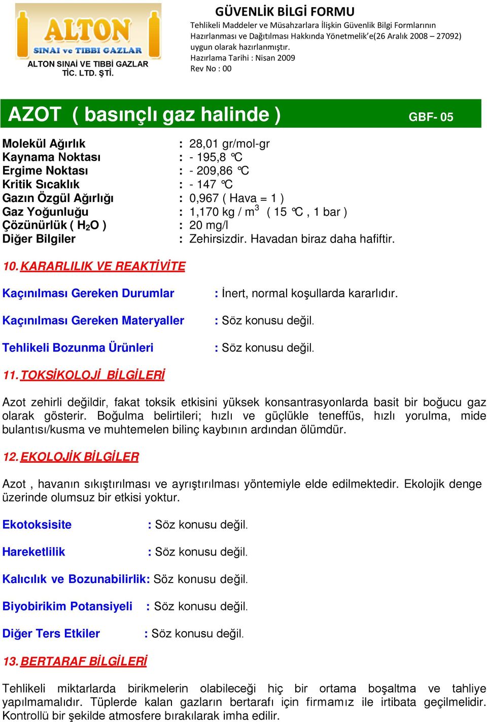 KARARLILIK VE REAKTİVİTE Kaçınılması Gereken Durumlar Kaçınılması Gereken Materyaller Tehlikeli Bozunma Ürünleri : İnert, normal koşullarda kararlıdır. 11.