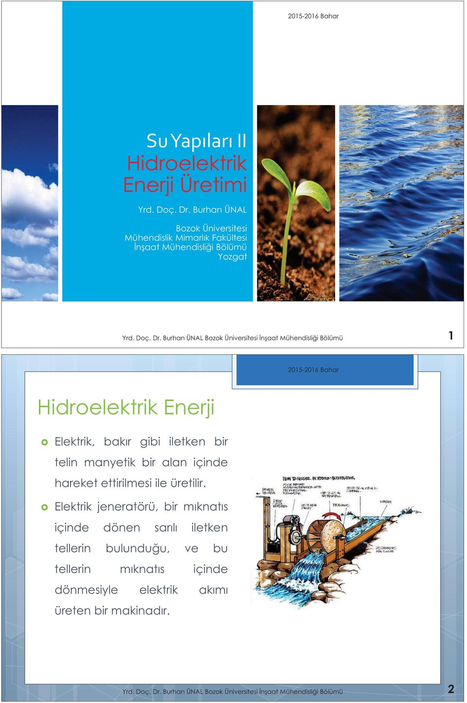 Burha ÜNAL Bozok Üiversitesi aat Mühedislii Bölümü 1 Hidroelektrik Eerji Elektrik, bakır gibi iletke bir teli mayetik bir ala içide