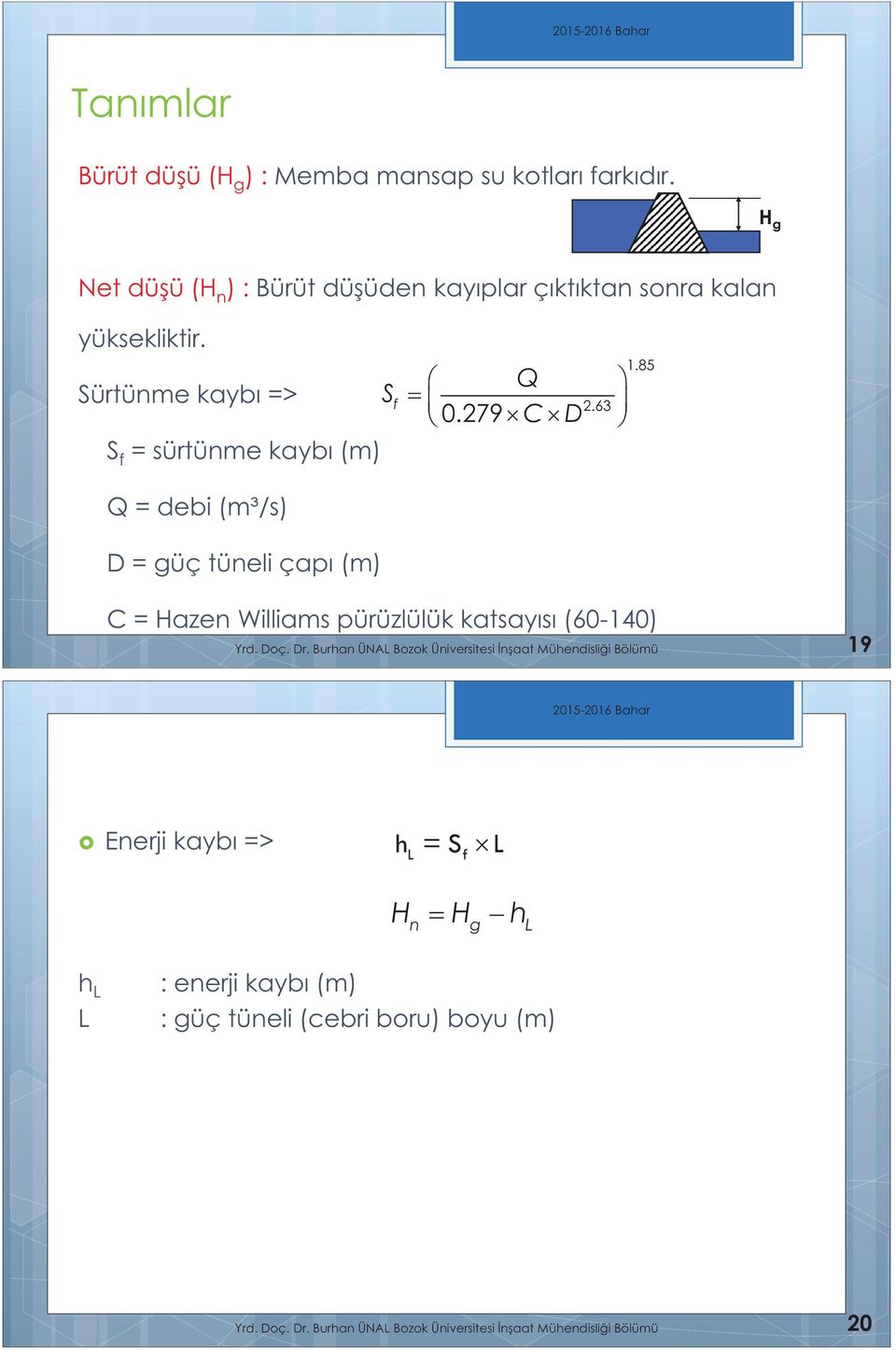 Sürtüme kaybı => S f = sürtüme kaybı (m) Q = debi (m³/s) D = güç tüeli çapı (m) S f Q 0.279CD 2.63 1.