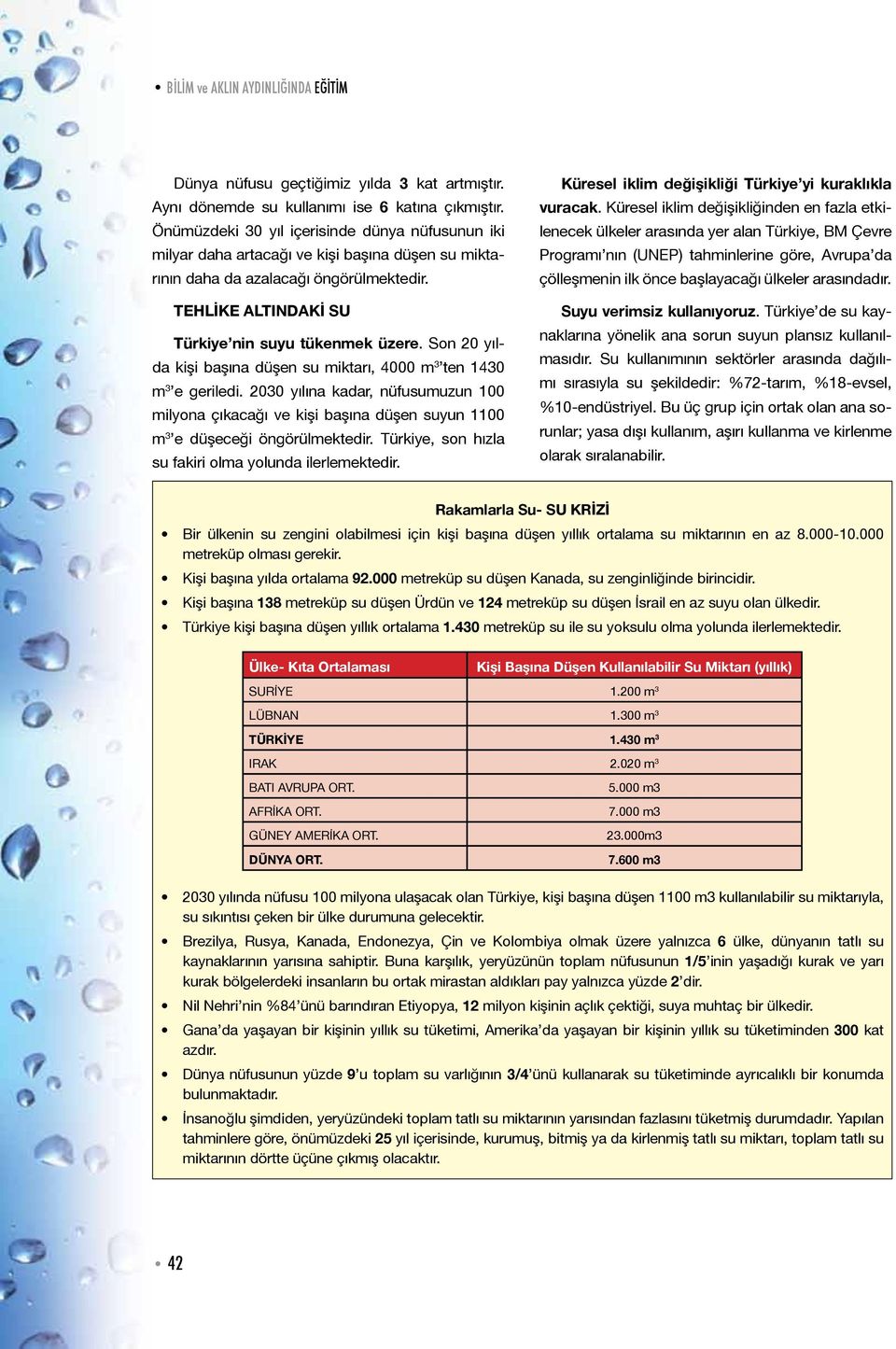 Son 20 yılda kişi başına düşen su miktarı, 4000 m 3 ten 1430 m 3 e geriledi. 2030 yılına kadar, nüfusumuzun 100 milyona çıkacağı ve kişi başına düşen suyun 1100 m 3 e düşeceği öngörülmektedir.