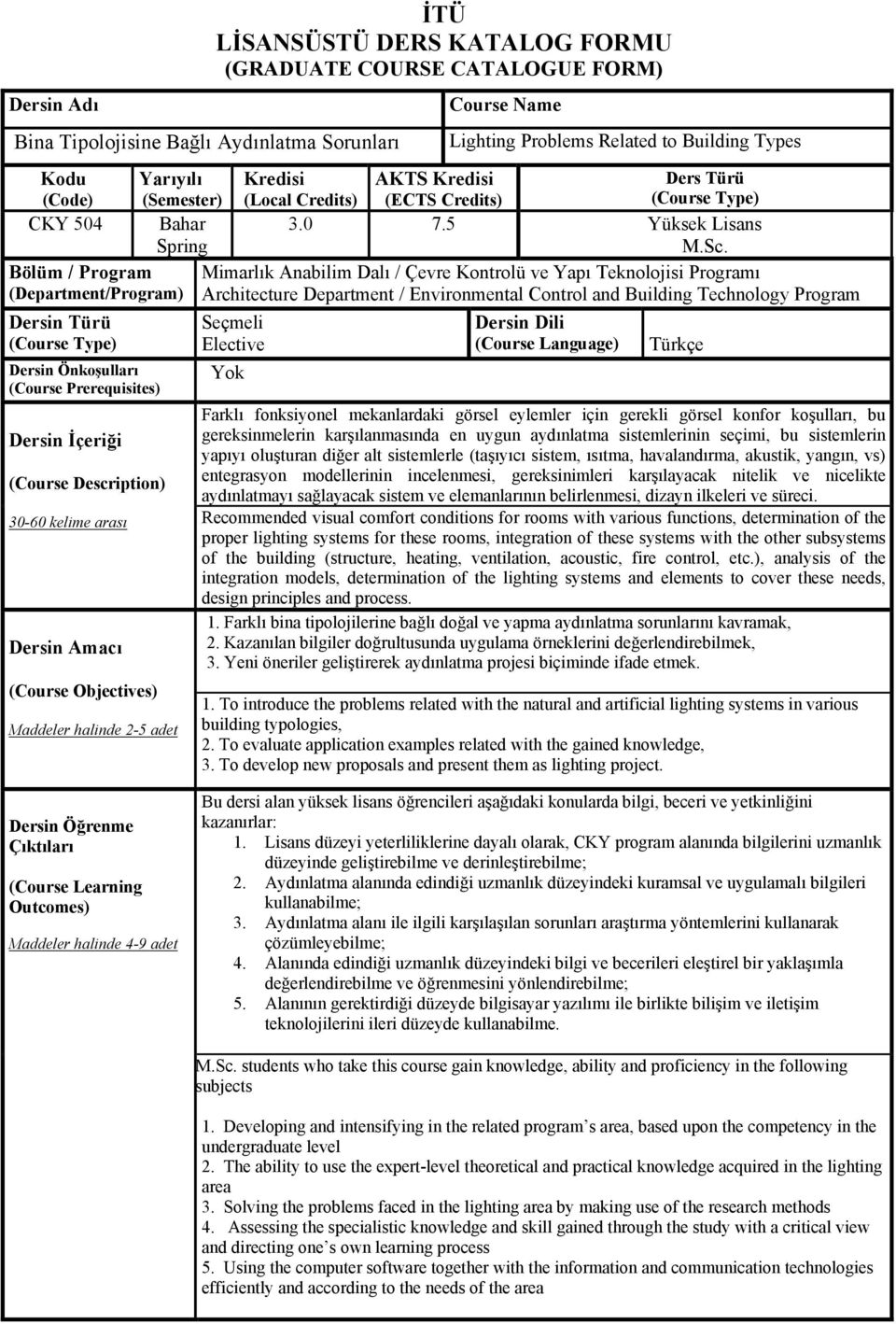 Course Name Lighting Problems Related to Building Types Kredisi (Local Credits) AKTS Kredisi (ECTS Credits) Ders Türü (Course Type) 3.0 7.5 Yüksek Lisans M.Sc.