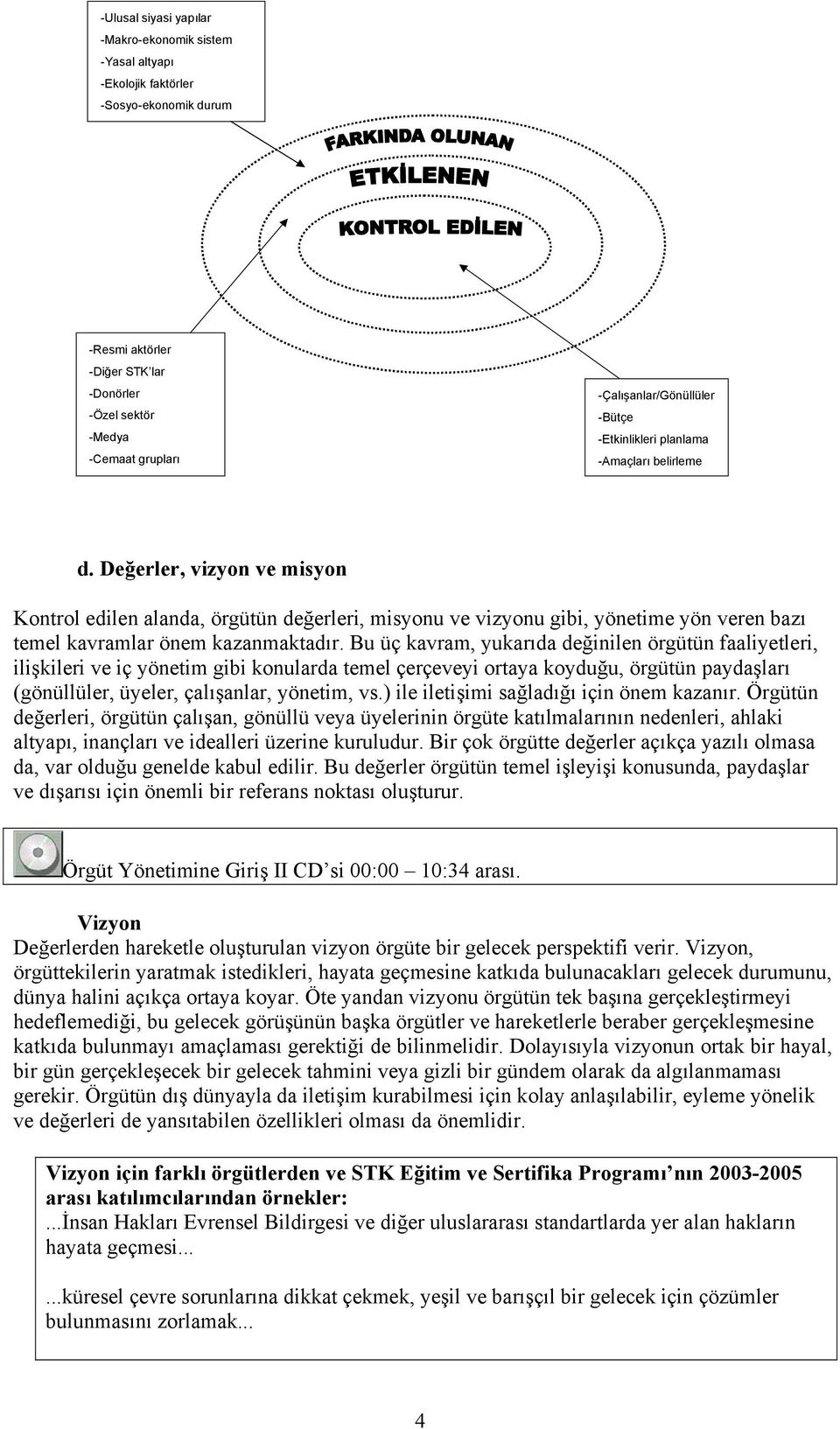 Değerler, vizyon ve misyon Kontrol edilen alanda, örgütün değerleri, misyonu ve vizyonu gibi, yönetime yön veren bazı temel kavramlar önem kazanmaktadır.