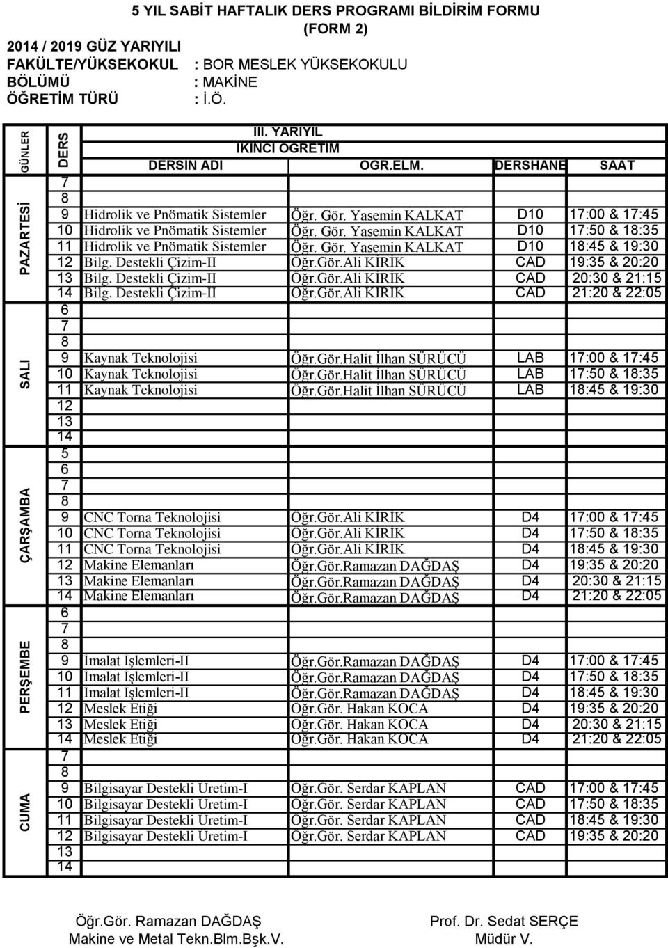 Destekli Çizim-II Öğr.Gör.Ali KİRİK CAD 19:35 & 20:20 Bilg. Destekli Çizim-II Öğr.Gör.Ali KİRİK CAD 20:30 & 21:15 Bilg. Destekli Çizim-II Öğr.Gör.Ali KİRİK CAD 21:20 & 22:05 9 Kaynak Teknolojisi Öğr.