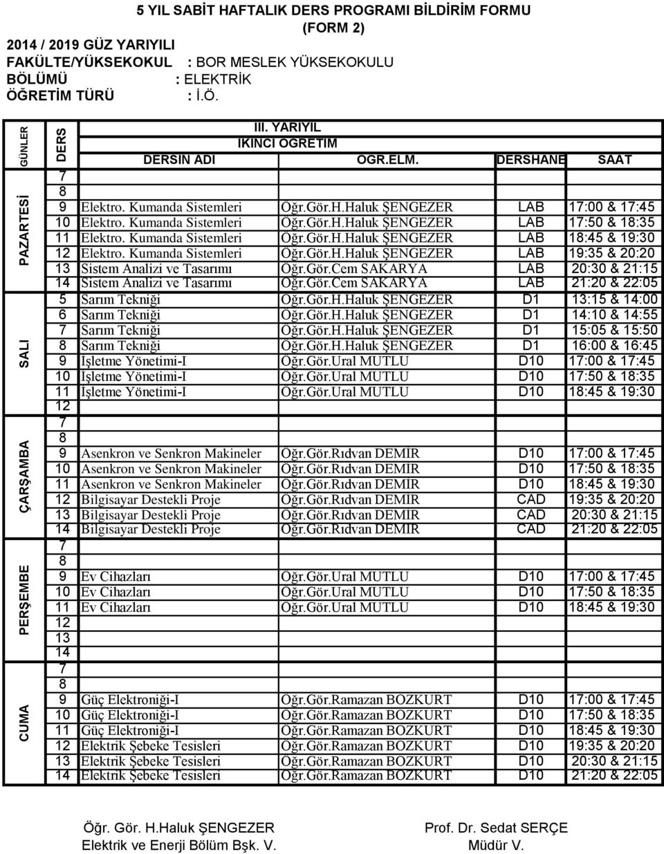 Gör.Cem SAKARYA LAB 20:30 & 21:15 Sistem Analizi ve Tasarımı Öğr.Gör.Cem SAKARYA LAB 21:20 & 22:05 5 Sarım Tekniği Öğr.Gör.H.Haluk ŞENGEZER D1 :15 & :00 Sarım Tekniği Öğr.Gör.H.Haluk ŞENGEZER D1 :10 & :55 Sarım Tekniği Öğr.