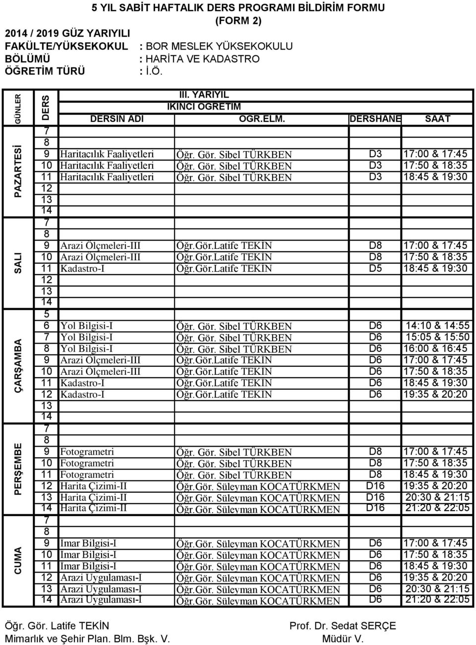 Gör.Latife TEKİN D 1:50 & 1:35 11 Kadastro-I Öğr.Gör.Latife TEKİN D5 1:45 & 19:30 5 Yol Bilgisi-I Öğr. Gör. Sibel TÜRKBEN D :10 & :55 Yol Bilgisi-I Öğr. Gör. Sibel TÜRKBEN D 15:05 & 15:50 Yol Bilgisi-I Öğr.