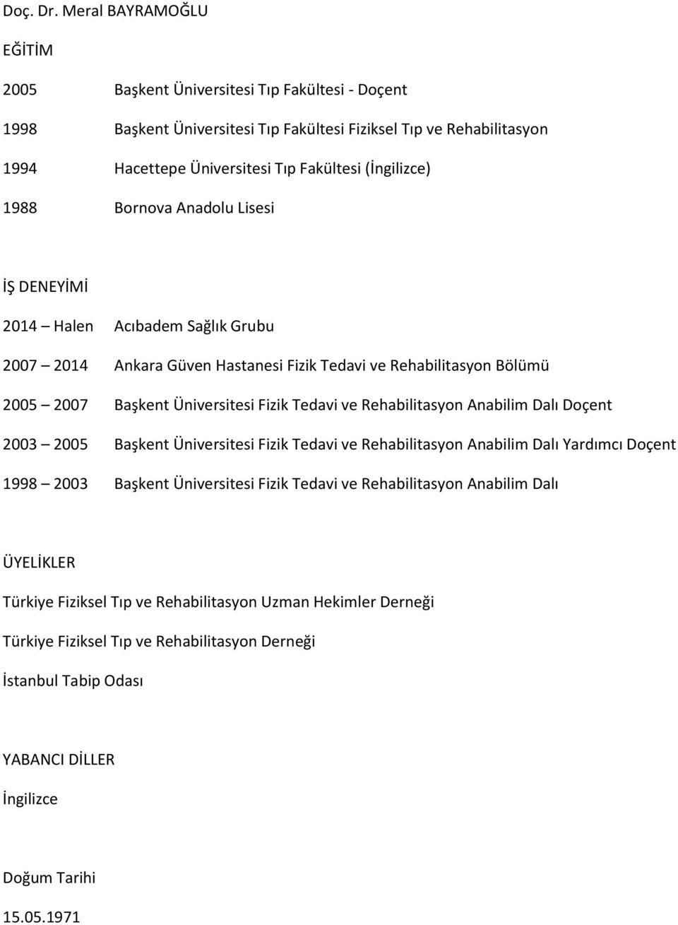 1988 Bornova Anadolu Lisesi İŞ DENEYİMİ 2014 Halen Acıbadem Sağlık Grubu 2007 2014 Ankara Güven Hastanesi Fizik Tedavi ve Rehabilitasyon Bölümü 2005 2007 Başkent Üniversitesi Fizik Tedavi ve