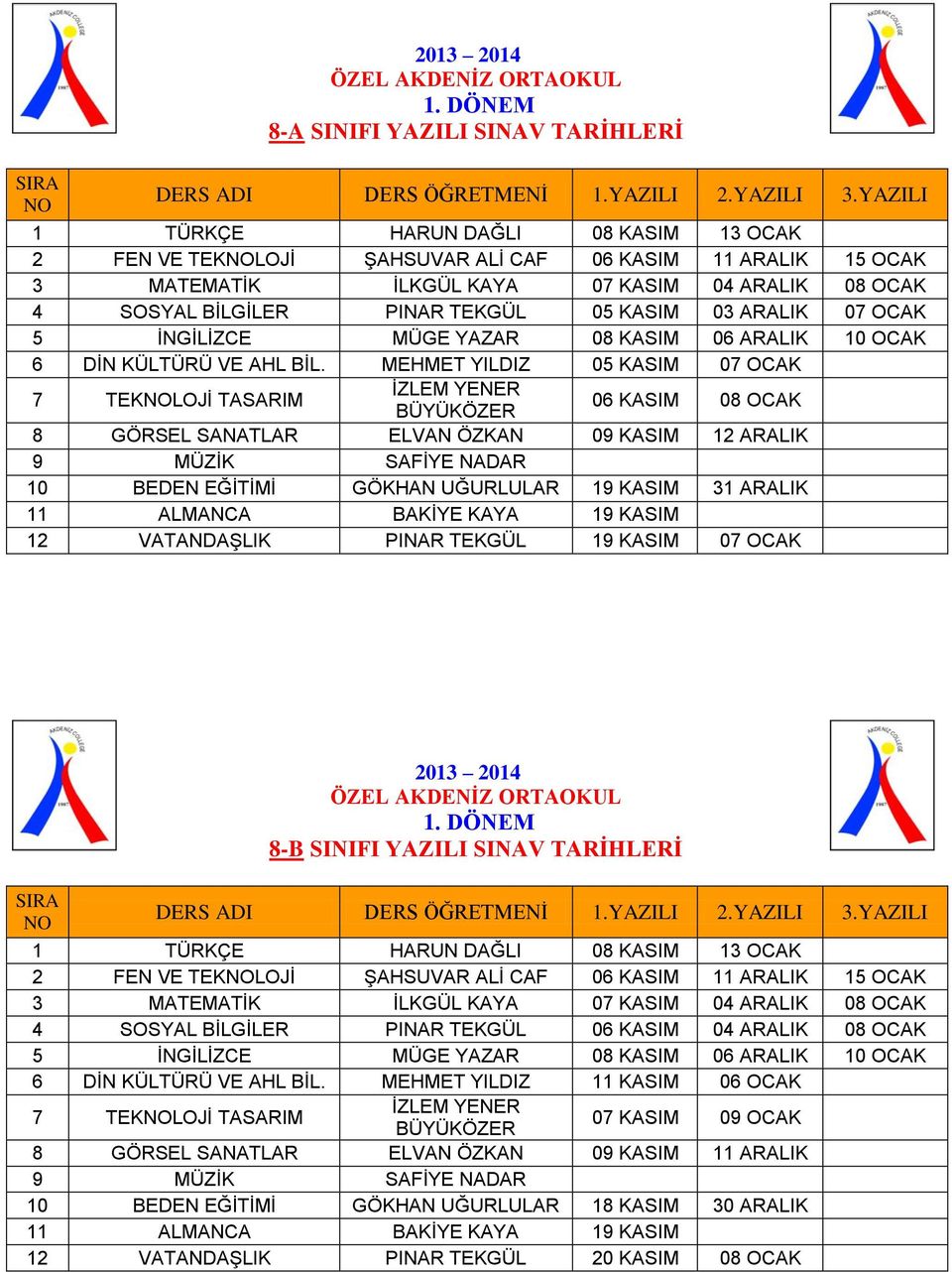 MEHMET YILDIZ 05 KASIM 07 OCAK 7 TEKLOJİ TASARIM 06 KASIM 08 OCAK 8 GÖRSEL SANATLAR ELVAN ÖZKAN 09 KASIM 12 ARALIK 10 BEDEN EĞİTİMİ GÖKHAN UĞURLULAR 19 KASIM 31 ARALIK 19 KASIM 12 VATANDAŞLIK PINAR