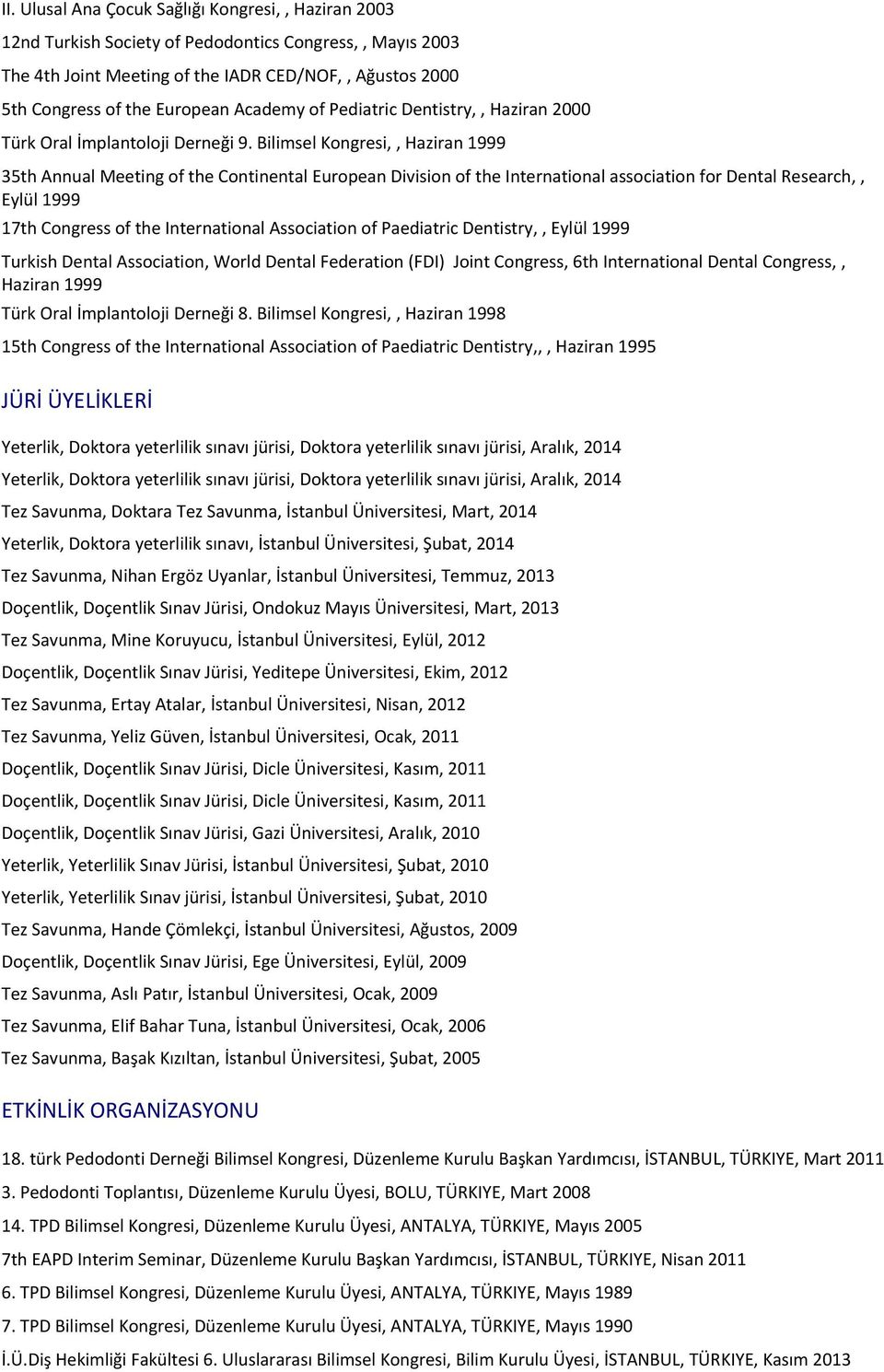 Bilimsel Kongresi,, Haziran 1999 35th Annual Meeting of the Continental European Division of the International association for Dental Research,, Eylül 1999 17th Congress of the International