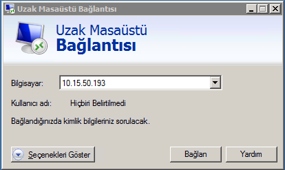 Uzak Masaüstü Bağlantısına Server Bilgileri Girmek Ya da a tıklatıp Arama Kutusuna "Uzak Masaüstü Bağlantısı" yazıp programı