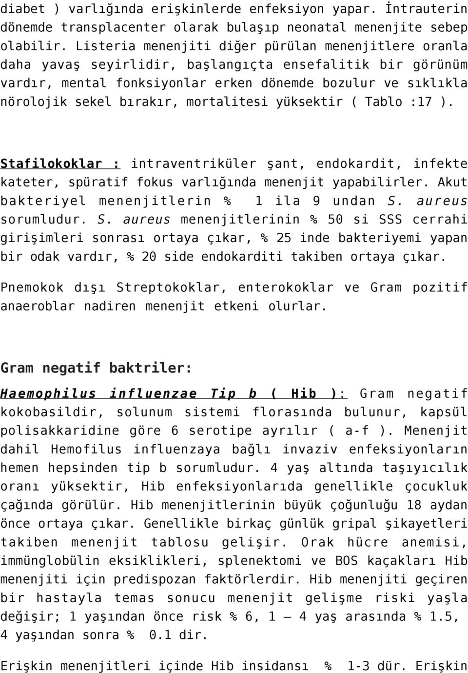 mortalitesi yüksektir ( Tablo :17 ). Stafilokoklar : intraventriküler şant, endokardit, infekte kateter, spüratif fokus varlığında menenjit yapabilirler.