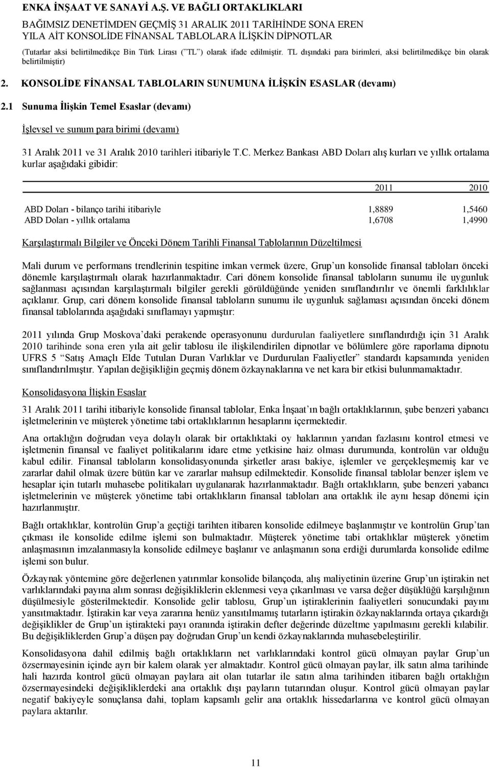 Merkez Bankası ABD Doları alış kurları ve yıllık ortalama kurlar aşağıdaki gibidir: 2011 2010 ABD Doları - bilanço tarihi itibariyle 1,8889 1,5460 ABD Doları - yıllık ortalama 1,6708 1,4990