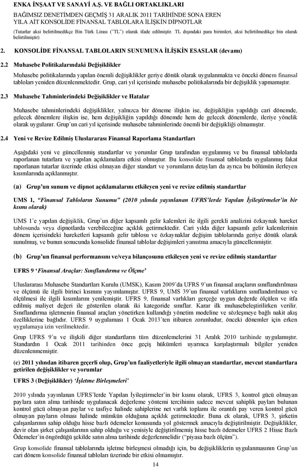 Grup, cari yıl içerisinde muhasebe politikalarında bir değişiklik yapmamıştır. 2.