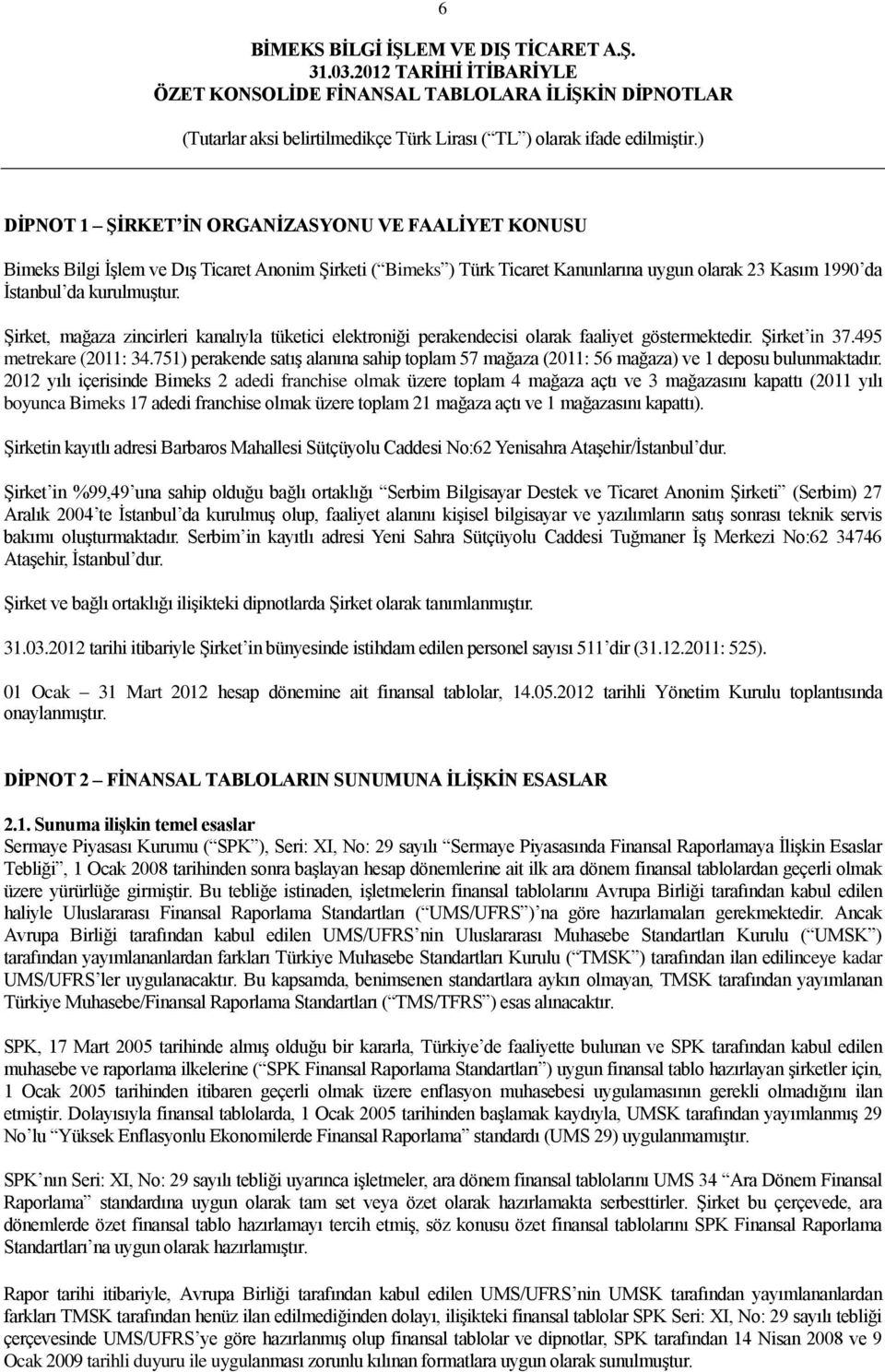 751) perakende satıģ alanına sahip toplam 57 mağaza (2011: 56 mağaza) ve 1 deposu bulunmaktadır.