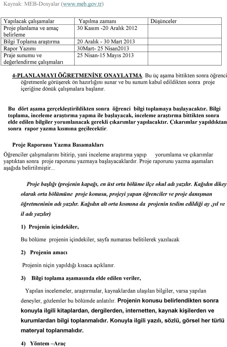 Bu üç aşama bittikten sonra öğrenci öğretmenle görüşerek ön hazırlığını sunar ve bu sunum kabul edildikten sonra proje içeriğine dönük çalışmalara başlanır.