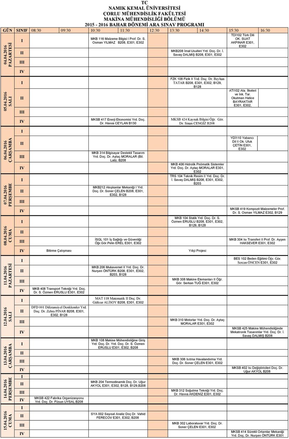 04.2016 V MKB212 Akışkanlar Mekaniği Yrd. Doç. Dr. Soner ÇELEN,,, B128 Yrd. Doç. Dr. Aytaç MORALAR, TRS 104 Teknik Resim Yrd. Doç. Dr. İ. Savaş DALMŞ,,, Dil Ok. Ufuk ÇETİN, 08.04.2016 V Öğr.Gör.
