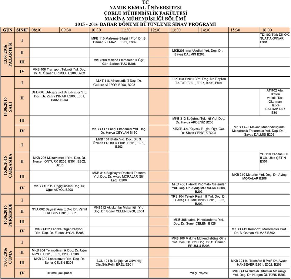 Doç. Dr. İ. Savaş DALMŞ FZK 108 Fizik Yrd. Doç. Dr. Beyhan TATAR,,, E001 Dr. Havva AKDENİZ MKSB 424 Kaynak Bilgisi Öğr. Gör. Dr. Sinan CENGİZ OK. SUAT AKPNAR AT102 Ata.