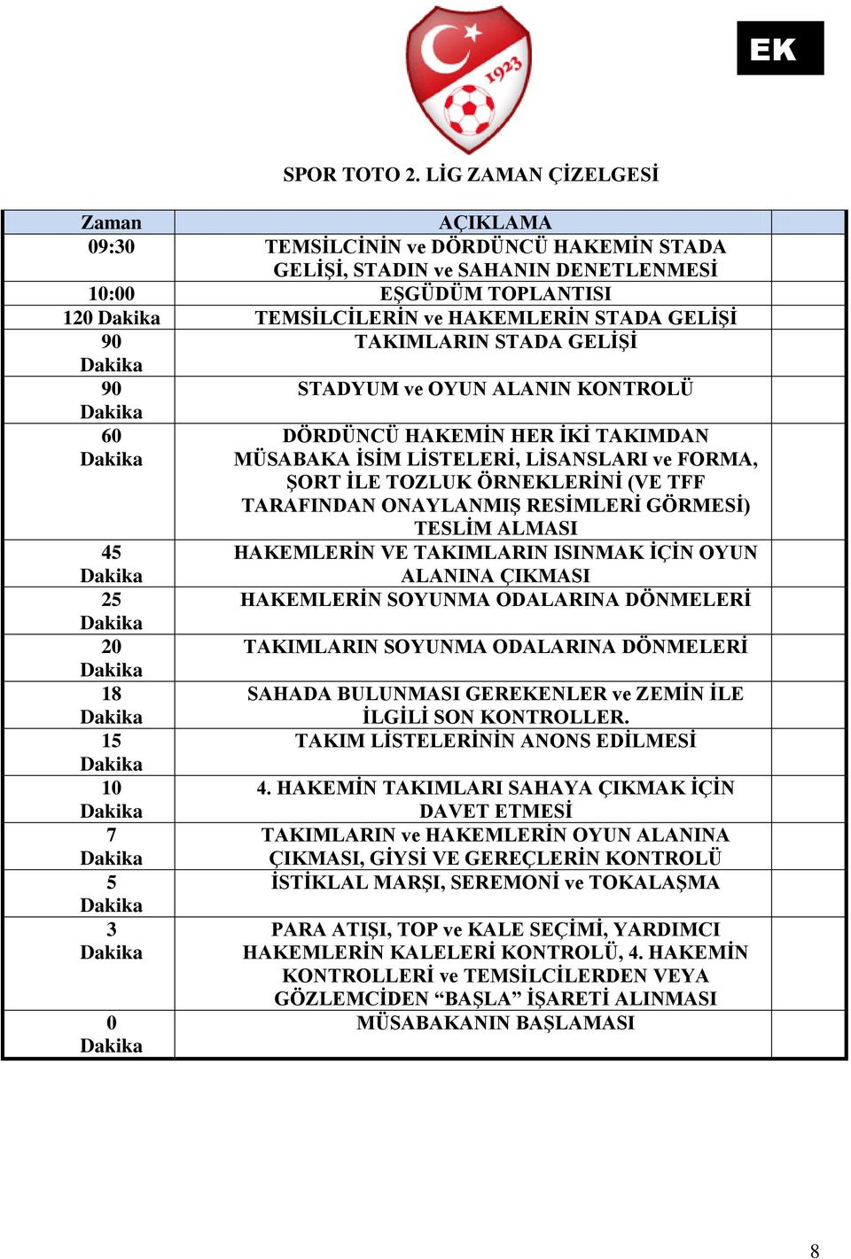 TAKIMLARIN STADA GELİŞİ 90 STADYUM ve OYUN ALANIN KONTROLÜ 60 DÖRDÜNCÜ HAKEMİN HER İKİ TAKIMDAN MÜSABAKA İSİM LİSTELERİ, LİSANSLARI ve FORMA, ŞORT İLE TOZLUK ÖRNEKLERİNİ (VE TFF TARAFINDAN ONAYLANMIŞ