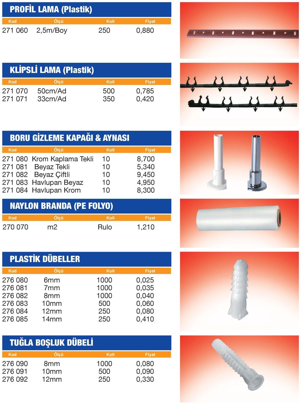 Havlupan Krom,0 NAYLON BRANDA (PE FOLYO) 270 070 m2 Rulo,2 PLASTİK DÜBELLER 276 0 6mm 0 0,02 276 0 7mm 0 0,03 276 02