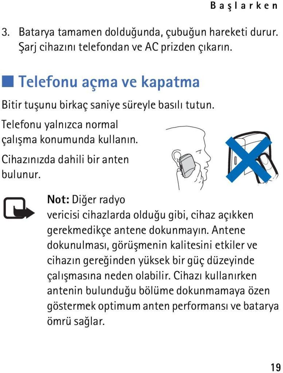 Cihazýnýzda dahili bir anten bulunur. Not: Diðer radyo vericisi cihazlarda olduðu gibi, cihaz açýkken gerekmedikçe antene dokunmayýn.